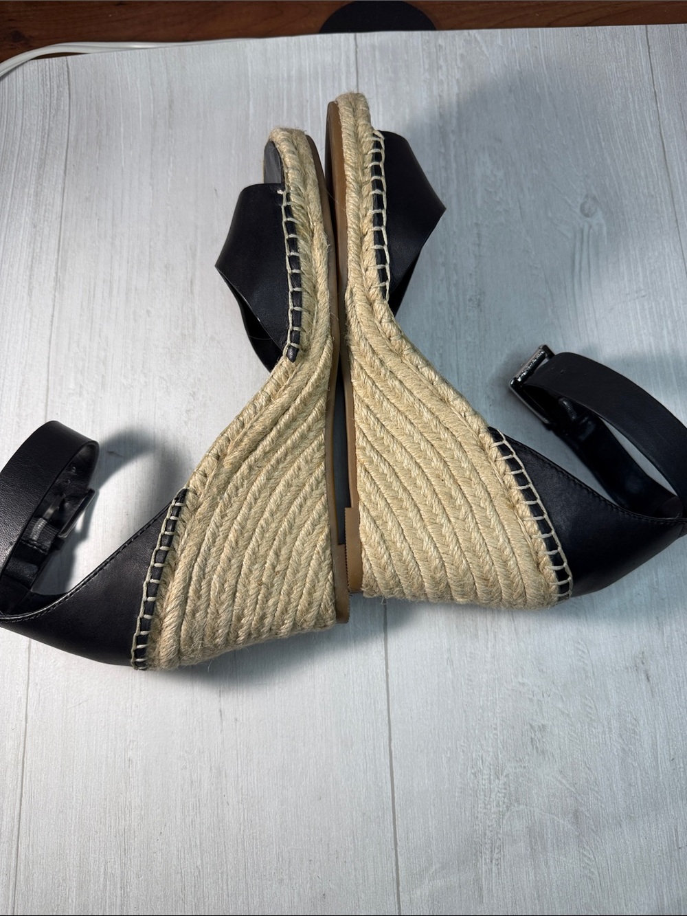 Vince Camuto Black Leather Espadrille Wedge Sandal with Ankle Strap - Picture 9 of 15